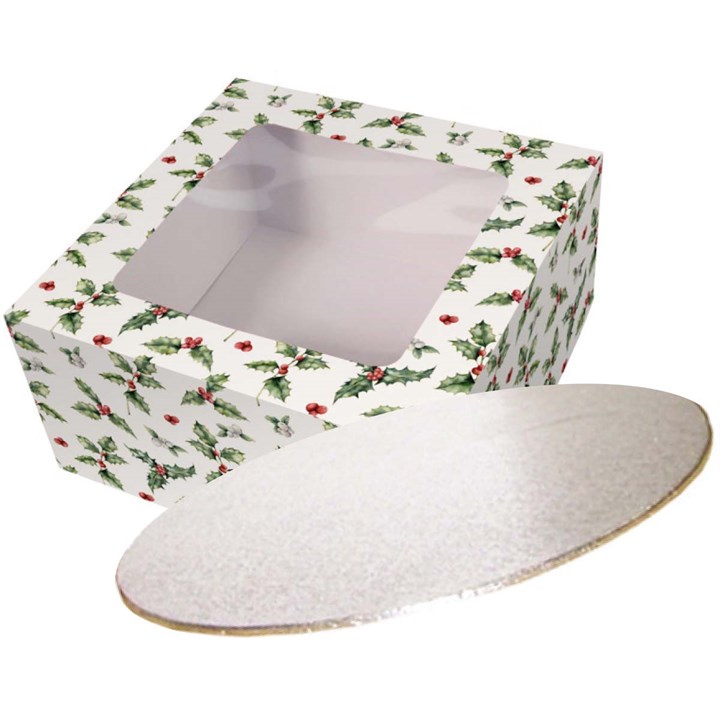 10" Vintage Holly Cake Box and Silver Board
