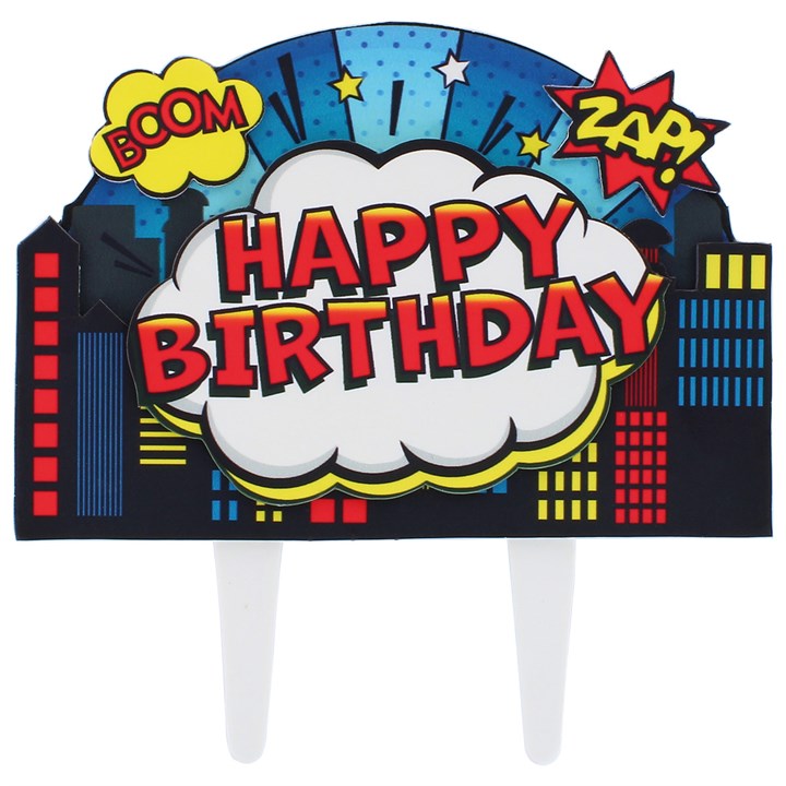 Superhero Happy Birthday Cake Decoration 160x 160mm (inc pic)