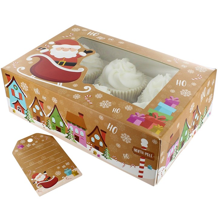 6/12 Cupcake Box & Gift Tag - Santa - 20pk