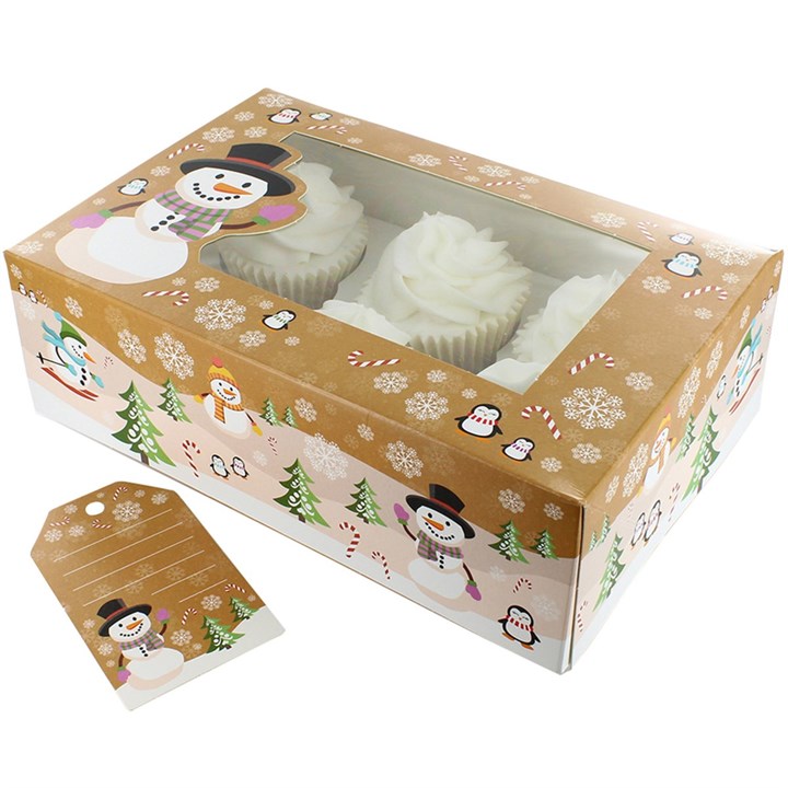 6/12 Cupcake Box & Gift Tag - Snowman - 20pk