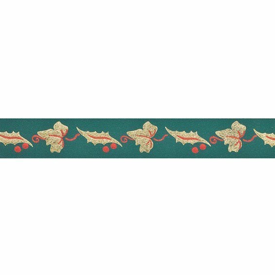 Green/Gold Holly and Ivy Leaves Ribbon - 24mm x 20m