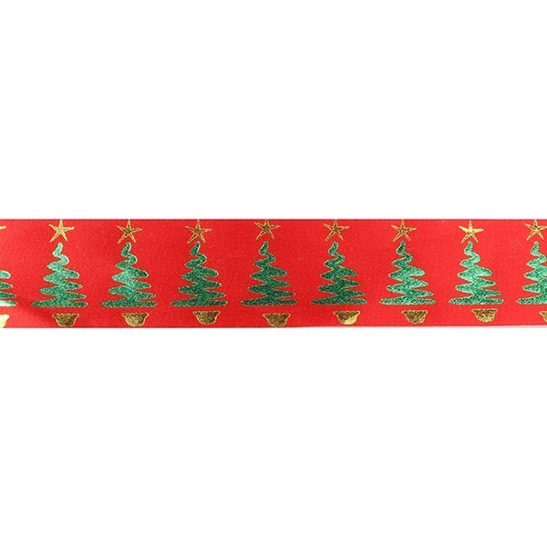Metallic Christmas Tree Ribbon on Red - 36mm x 20m