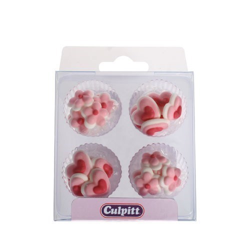 Pink Mini Hearts and Flowers Sugar Pipings. 24 piece - single