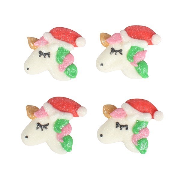 Christmas Lustred Unicorn Sugar Pipings with Santa Hat - 250 pieces