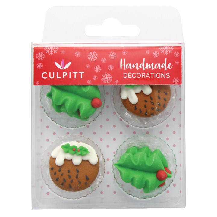 Culpitt Sugar Decorations - 12 Holly & Christmas Puddings - single
