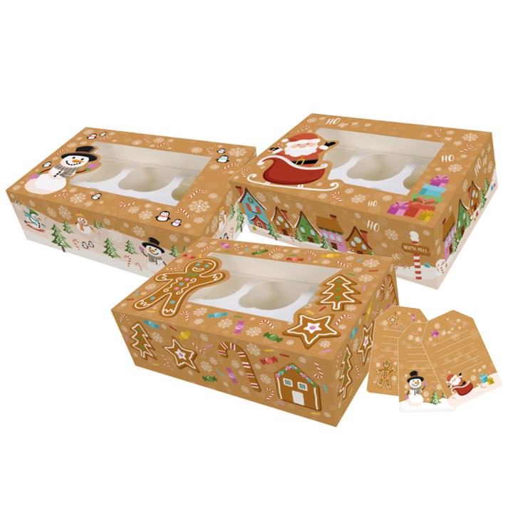 Baked with Love-6/12 Hole Cupcake Box & Gift Tag - Christmas Collection - 3pk