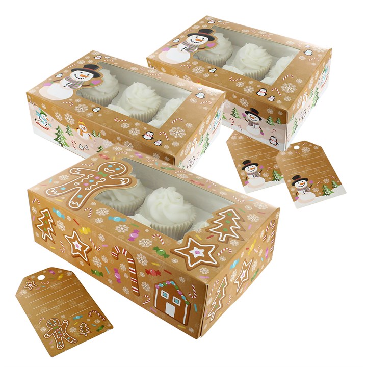 Baked with Love-6/12 Hole Cupcake Box & Gift Tag - Christmas Collection - 3pk