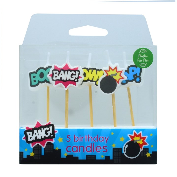 5 Superhero Candles with Bamboo Pic - 70mm - 10 pack