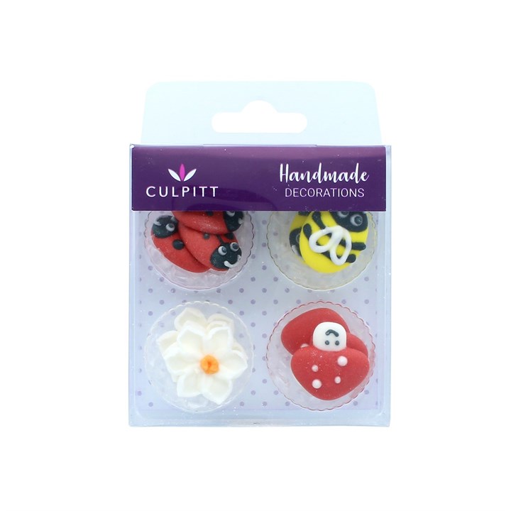 Ladybird, Bee, Mushroom & Daisy Sugar Decorations - 12 piece