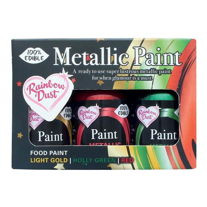Rainbow Metallic Paint collection - Light Gold, Holly Green and Red - 3 x 25g