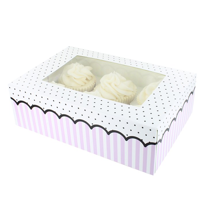 6/12 Cupcake Box - Pink Spots and Stripes - Single