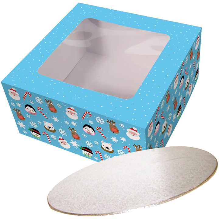 10" Christmas Friends Cake Box & Silver Cake Board