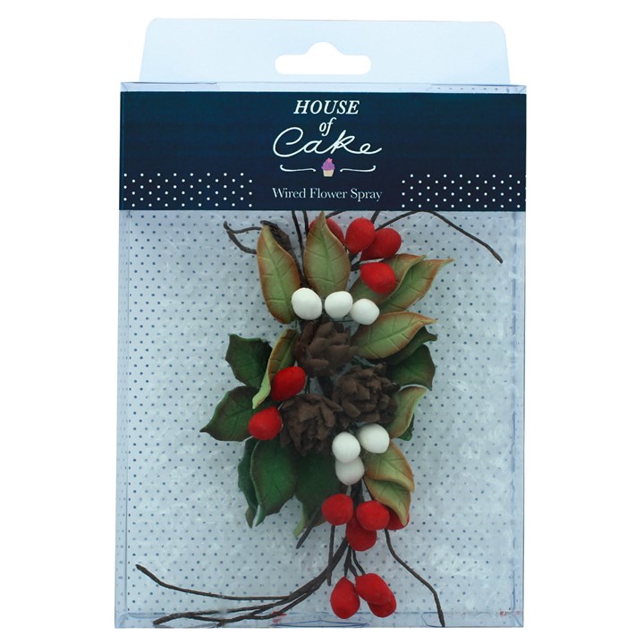 House of Cake - Pine Cone & Holly Spray - approx 160 x 80mm