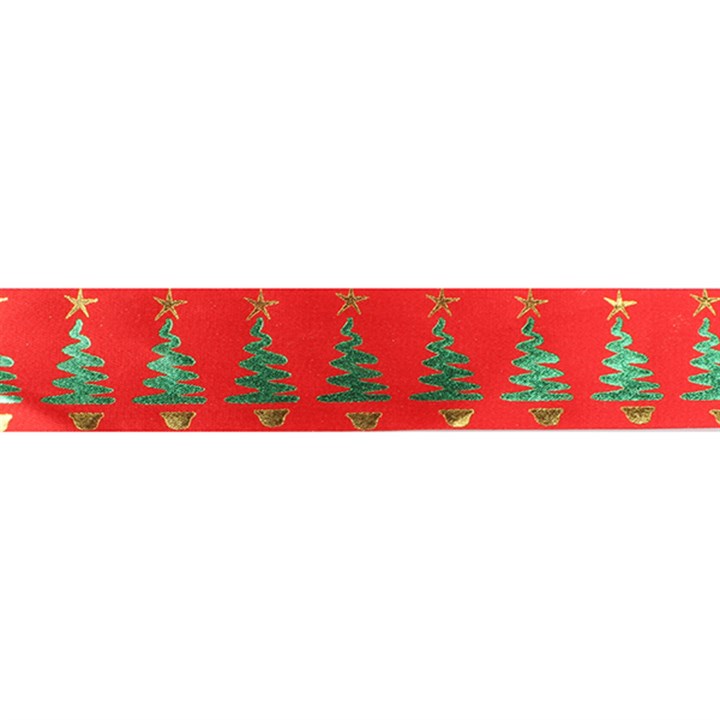 Metallic Christmas Tree Ribbon on Red - 36mm x 20m