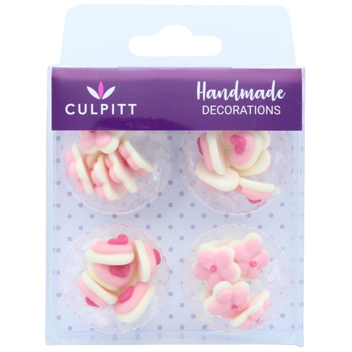 Pink Mini Hearts and Flowers Sugar Pipings. 24 piece.