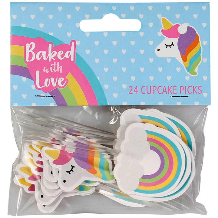 24 Baked with Love Unicorn and Rainbow Decorative Pic - single