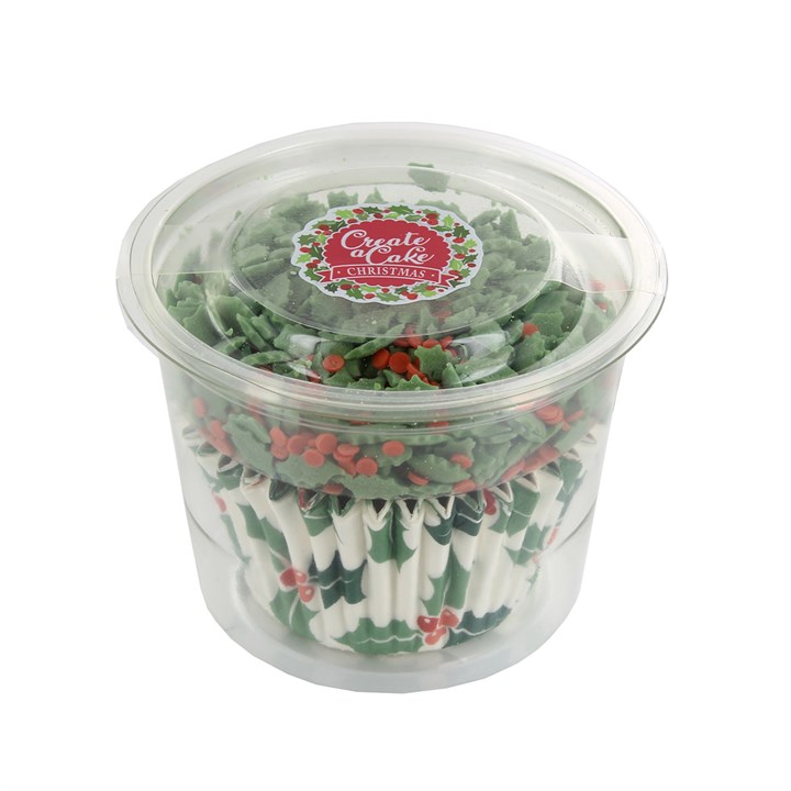 25 Holly & Berries Baking Cases & Sprinkle Pod x 6
