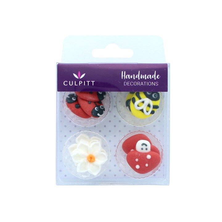 Ladybird, Bee, Mushroom & Daisy Sugar Decorations - 12 pack